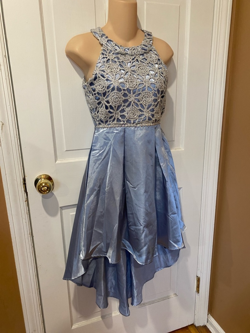 Speechless Silver Blue Lace High-Low Formal Dress